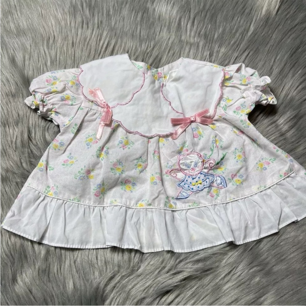 Vintage Infant Baby Girls White Floral Bear Bow Dress